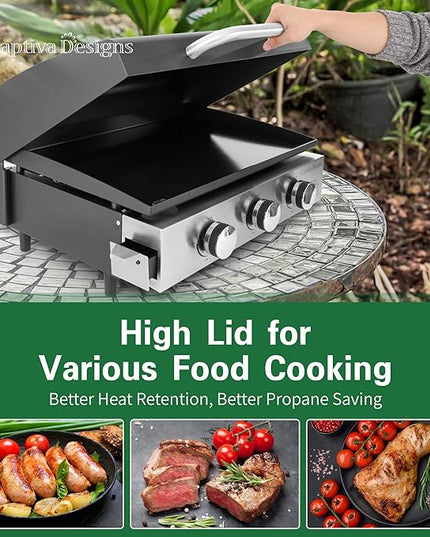 Captiva Designs 22 in Flat Top Grill with Ceramic Coated Cast Iron Pan, Portable Tabletop Propane Gas Griddle Grill for Camping, Outdoor & Tailgating Barbecue, 24,000 BTU Output, 3 Burners