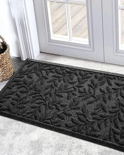Bulijojo Sturdy Front Entrance Doormats,Durable Heavy Duty Welcome Mat,Thick Absorbent Natural Rubber Non Slip Mat,Easy Clean Entryway Mat 17x30 Inch Leaves Black