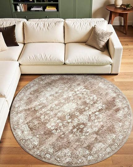 jinchan Round Rug 6ft Area Rug - Brown Vintage Floor Mat Kitchen Indoor - Washable Circle 6' Thin Floral Print Carpet Retro Farmhouse Non Slip Dining Room Living Room Bedroom Office