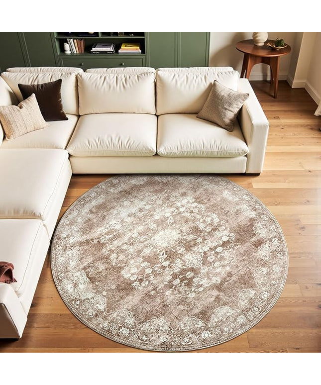 jinchan Round Rug 6ft Area Rug - Brown Vintage Floor Mat Kitchen Indoor - Washable Circle 6' Thin Floral Print Carpet Retro Farmhouse Non Slip Dining Room Living Room Bedroom Office