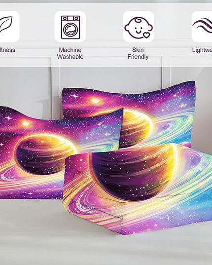 Planets Bedding Set Purple Pink Gold Comforter Set King Size for Kids Teens Adults Bedroom Decor Outer Space Colorful Bed Set Ultra Soft Saturn Quilt Set with 1 Comforter + 2 Pillowcases