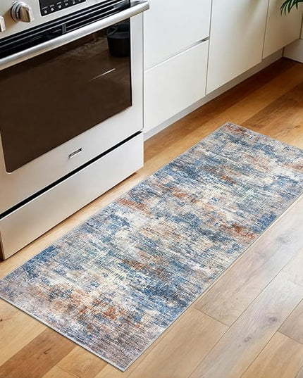 IOHOUZE Abstract Runner Rug 2x5 Ft Washable Runners for Hallways, Non Slip Kitchen Runner Printed Faux Wool Entryway Runner Indoor, Modern Abstract Floor Carpet for Hall Bedroom, Blue Rust