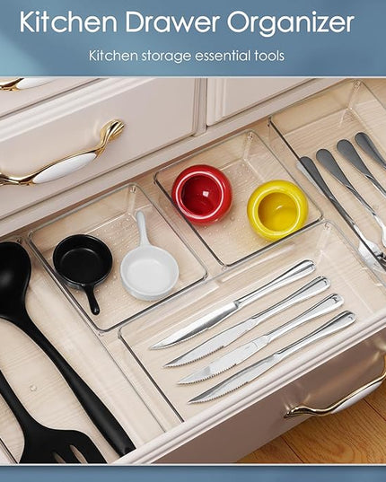 12 Pack Large Clear Plastic Drawer Organizer Set, Acrylic Bathroom Organizer Vanity Trays Dividers, Kitchen Organizers and Storage, Non-Slip Storage Bins for Makeup, Snacks, Office, Desk, Fridge