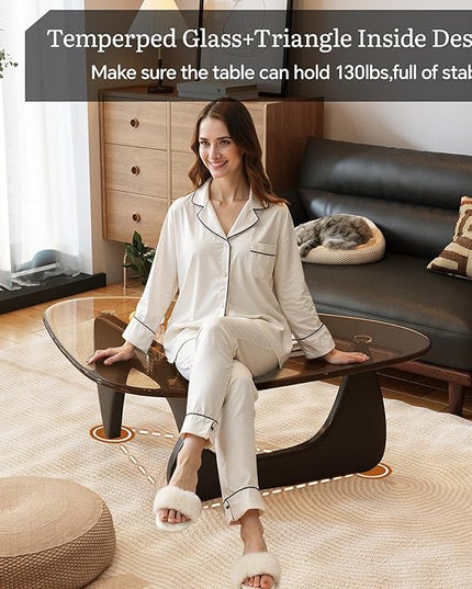 Coffee Table for Living Room Mid Century Modern Center Table with Glass Top and Wood, Black Brown