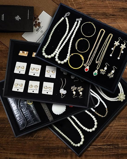 Black Velvet Stackable Jewelry Display Tray Storage Organizing Trays Empty Plate (13.78" L x 9.45" W x 1.18" H in) (2)