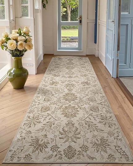 jinchan Torino Runner Rugs 3x8, Vintage-Inspired Floral Neutral Design Machine Washable Non-Slip Ultra-Thin Low-Pile Rubber Backing Traditional Rug for Kitchen Hallway Laundry Room Entryway Taupe