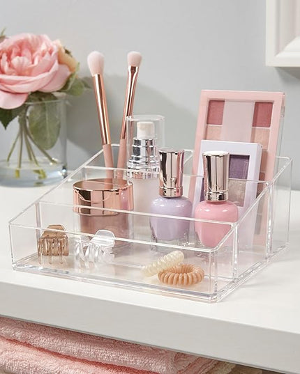 STORi Clear Plastic Small Countertop Vanity Makeup Organizer, Compact Rectangular 4-Compartment Holder for Brushes, Eyeshadow Palettes, & Beauty Supplies, Made in USA