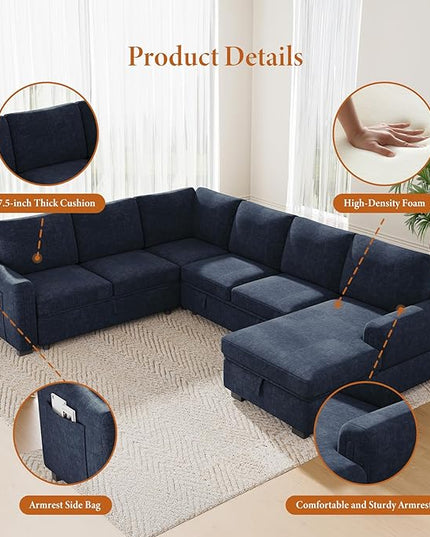 Vesgantti 113.6" Pull Out Sofa Bed with Chaise, 7 Seater U Shaped Sleeper Sofa with Storage Chaise, Comfy Chenille Modular Sectional Couch for Living Room, Bedroom, Apartment, Blue