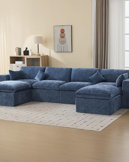 155''Cloud Boneless Sectional Couch, Modular Sectional Sofa Deep Seat with 2 Ottomans, Oversized Upholstered Convertible Comfy 6 Seater Chenille Sofa U Shape Couches for Living Room, Blue