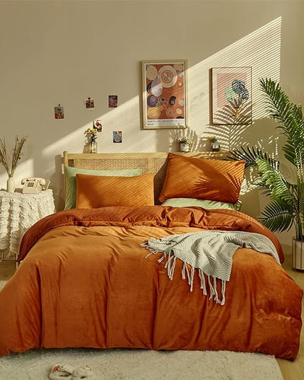 Luxlovery Burnt Orange Fluffy Comforter Set King Rust Caramel Plush Velvet Bedding Comforter Sets Winter Warm Comfy Soft Rust Orange Reddish Brown Sherpa Micromink Bedding Comforter Set