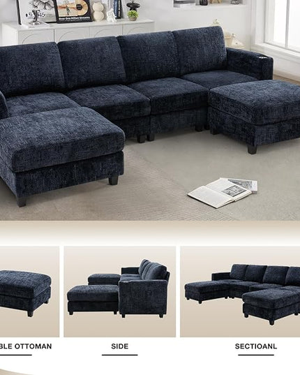 110" Chenille Sectional Sofa with Movable Ottomans, Modular U-Shape Couch with Cup Holders, Convertible 4 Seater Sofa with Well-Filled Backrest Cushions for Living Room, House, Blue
