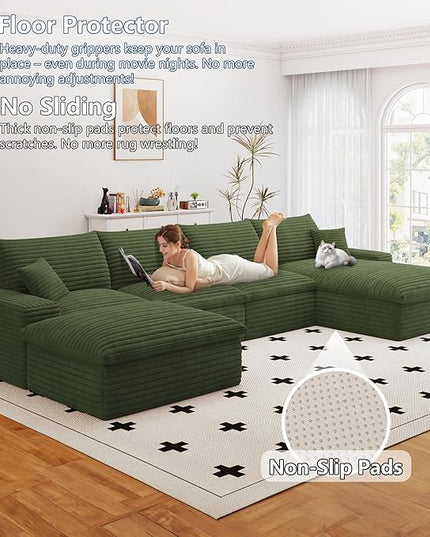 136" Cloud Couch Modular Sectional Sofa for Living Room, U-Shape Boneless Couch with Deep Seat, Modern Corduroy 4-Seater with Ottoman, No Assembly Required (Green,Right-Facing Chaise)