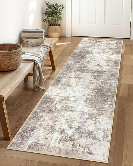 IOHOUZE Abstract Runner Rug 2x6 Ft Washable Runners for Hallways, Non Slip Kitchen Runner Printed Faux Wool Entryway Runner Indoor, Modern Abstract Floor Carpet for Hall Kitchen Bedroom, Beige Brown