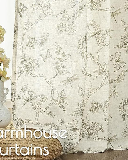 Lazzzy Linen Green Floral Farmhouse Curtains 96 Inches Long Drapes for Living Room Bedroom Pattern Light Filtering Country Vintage Curtain Grommet Top, 2 Panels, Green on Beige