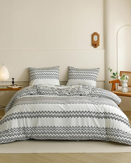 Houseri Black and White Boho Comforter Set Queen Black Wave Farmhouse Bedding Sets Queen Size Women Men Artistic Stripes Geometric Bed Set Soft Comfy Lightweight Quilt Blanket Queen