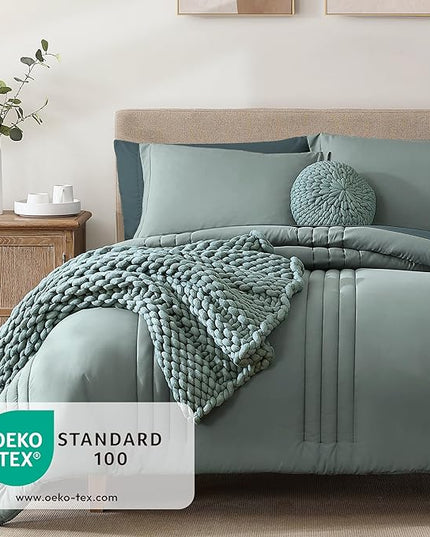 Monbix King Size Comforter Set - 7 Pieces Bed in a Bag King, Sage Green Bedding Sets with Comforter, All Seasons Comforter Bed Set with Sheets, Pillowcases & Shams