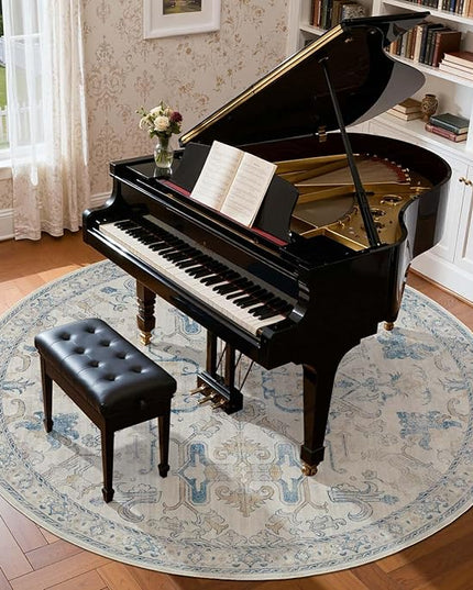 jinchan Round Rug 8ft Area Rug Vintage Floor Mat Kitchen Indoor Ultra-Thin Soft Floral Print Washable Circle 8' Accent for Farmhouse Non Slip Dining Room Living Room Bedroom Office Blue