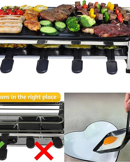 TAMARIT 8-Person Raclette Grill, Electric Party Grill with Nonstick Plate, 8 Pans and Spatulas, 1500 W (Indoor), Stainless Steel