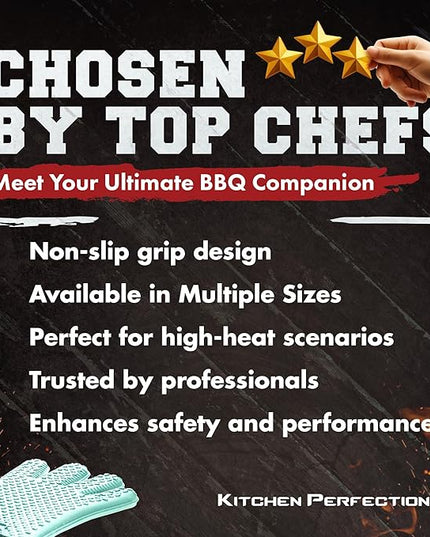 KITCHEN PERFECTION XL Silicone Smoker Oven Gloves-Extreme Heat Resistant BBQ Gloves-Handle Hot Food Right on Your Grill Fryer&Pit|Waterproof Grilling Cooking Baking Mitts|Superior Value Set+3 Bonuses