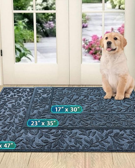 Bulijojo Sturdy Front Entrance Doormats,Durable Heavy Duty Welcome Mat,Thick Absorbent Natural Rubber Non Slip Mat,Easy Clean Entryway Mat Leaves Blue, 47" x 32"