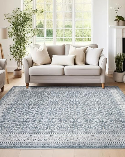 jinchan Floral Area Rugs 4x6 - Machine Washable Vintage Distressed Boho Design Throw Rug Stain Resistant Carpet Low Pile Ultra-Thin Non-Slip for Bedroom Living Room Dining Room Kitchen (4‘x6', Grey)