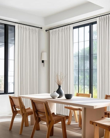 Memory Trained Pinch Pleated Blackout Bedroom Curtains 95 Inches Long 2 Panels Set, Off White Natural Linen 2 Layer Sound Dampening Light Block Privacy 94-96 Inch Window Drapes with Hook 40"W x 95"L