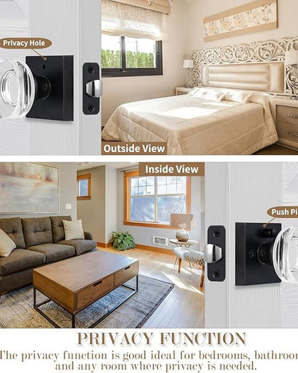 Glass Door Knobs Interior, Pricacy Bedroom Door Knobs with Lock, Square Vintage Style Crystal Door Handles for Bathroom, Oil Rubbed Bronze