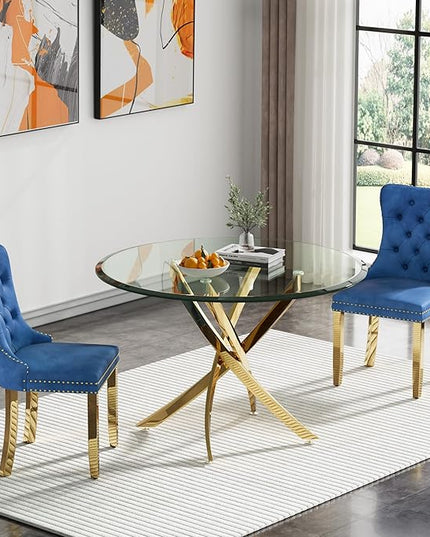 HomVent Round Glass Dining Table Set for 2, Modern Tempered Glass Kitchen Table Set and Chairs, Round Glass Dining Room Table Set for Kitchen (Gold, 36 inch Gold Table with 2 Blue Chairs)