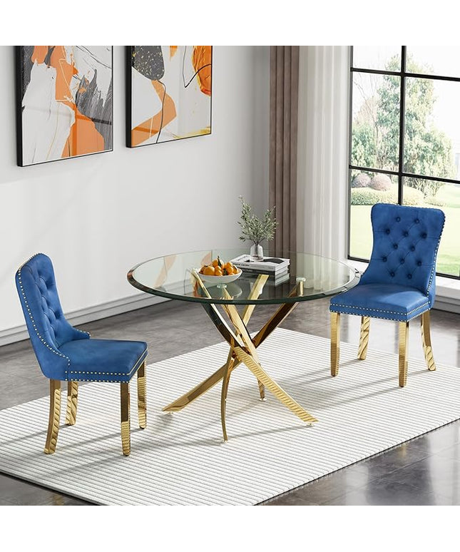 HomVent Round Glass Dining Table Set for 2, Modern Tempered Glass Kitchen Table Set and Chairs, Round Glass Dining Room Table Set for Kitchen (Gold, 36 inch Gold Table with 2 Blue Chairs)