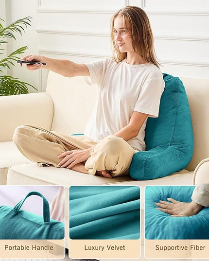 Sasttie Reading Pillow, Velvet Back Pillow for Bed Sitting Up, Adult Back-Rest Support Cushion with Arms for Sit Up on Couch, Sofa, and Floor, Dorm Essentials, Reading Accessories, Teal Blue