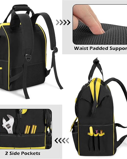 Tool Bag Backpack with Zipper Pouch and Magnetic Attraction Area, Heavy-Duty Tool Storage Organizer Bag, Tactical Work Tool Bag for Electrician, Repairman, HVAC Techs, Black
