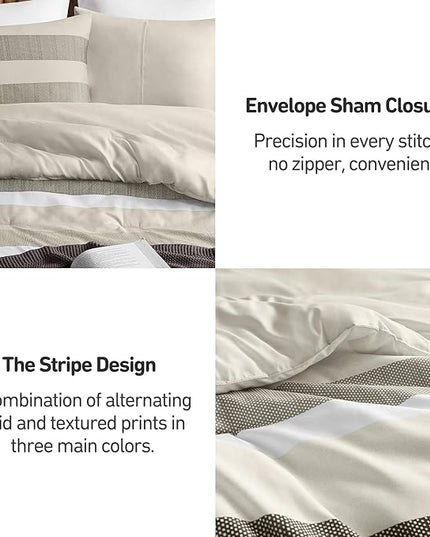 Twin Comforter Set, 2 Pieces Striped Bed Set, Soft Brushed Microfiber Reversible Bedding Set for All Season, Lightweight & Breathable Bedding Set with Comforter & Sham, Neutral