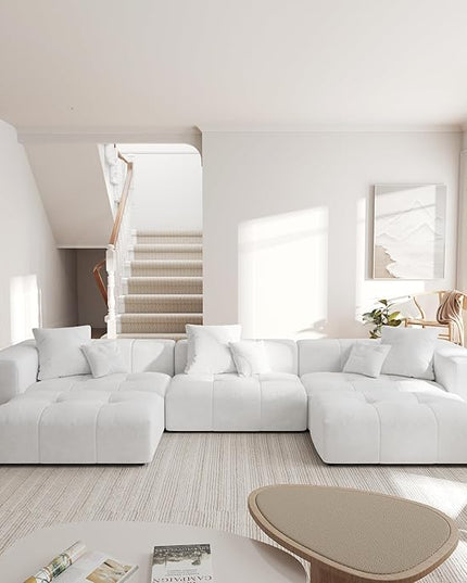 JACH 144.1 Inch U-Shaped Modular Sofa, Mid Century Modern Deep Seat Sectional Couch, 3-Seater Sofas with Chaise Ottomans for Living Room, Cozy Sofas for Apartment, Living Room (Linen Fabric, White)