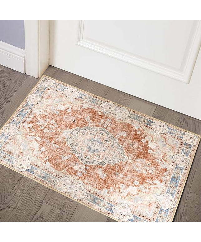 MUJOO 2'x3' Rugs Machine Washable Area Rugs for Entryway Boho Rug for Bathroom Kitchen Non Slip Carpet Abstract Soft Low-Pile Orange Navy Blue Area Rug Floral