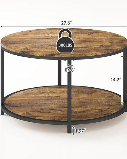 NSdirect Round Coffee Table, 25.6" Small Coffee Table for Living Room,2-Tier Rustic Wood Desktop with Storage Shelf Modern Design Home Furniture(Brown)