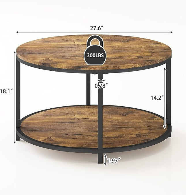 NSdirect Round Coffee Table, 25.6" Small Coffee Table for Living Room,2-Tier Rustic Wood Desktop with Storage Shelf Modern Design Home Furniture(Brown)