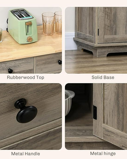 HOMCOM Sideboard with Solid Wood Countertop, Modern Kitchen Storage Cabinet, Coffee Bar Cabinet with 3 Drawers, Doors and Adjustable Shelf, Distressed Gray