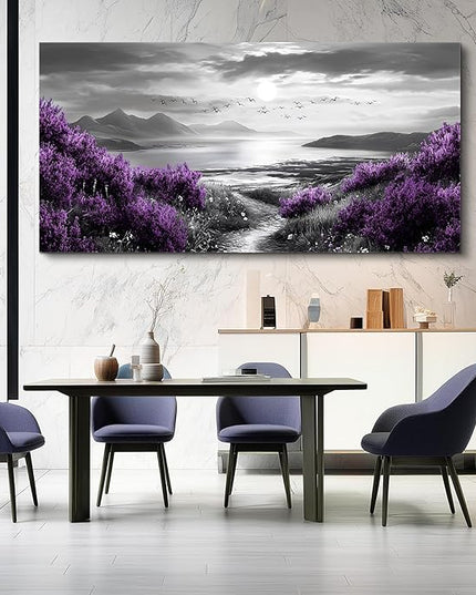 Canvas Wall Decor for Office Large Wall Art for Living Room Modern Bedroom Wall Decoration Purple Flowers Landscape Pictures Black and White Scenery Paintings Artwork Aesthetic Home Decor