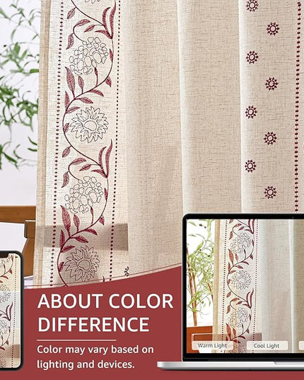 jinchan Winslow Linen Curtains for Bedroom 96 Inches Length Embroidered Bordered Floral Curtains for Living Room Farmhouse Decor Light Filtering Window Treatments Red on Beige Drapes 2 Panels