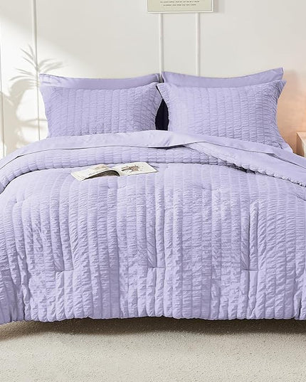HYMOKEGE Light Purple Twin XL Comforter Set Seersucker 5 Pieces, All Season Luxury Bed in a Bag for Bedroom, Bedding Set with Comforter, Sheets, Pillowcase & Sham