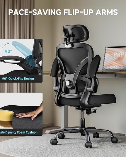 Ergonomic Office Chair with Adjustable Lumbar Support & Headrest, High Back Mesh Chair with Flip-up Armrests for Long Hours, 330 lbs Home Office Desk Chair, Black