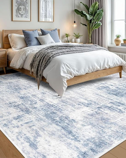 IOHOUZE Abstract Area Rugs 9x12 Ft Washable Large Rugs for Living Room, Non Slip Dining Room Rug, Printed Faux Wool Rugs for Bedroom, Floor Carpet for Office Nursery Playroom, Light Blue White