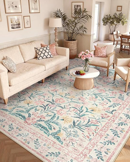Wonnitar 8x10 Washbale Rugs for Living Room, Boho Pink Room Decor for Girls Bedroom, 8 x 10 Soft Non Slip Low Pile Indoor Floral Carpet for Kids Room Playroom Toddler Nursery