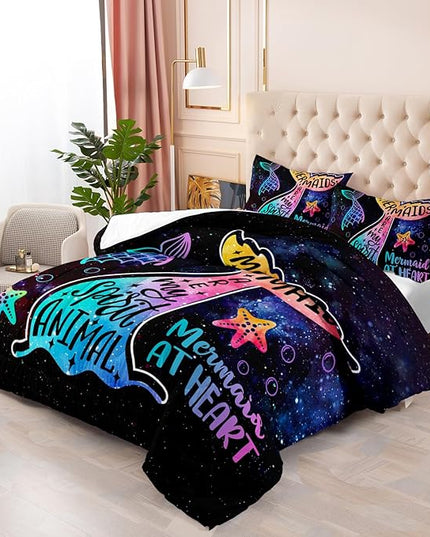 Galaxy Mermaid Comforter Set Queen Size,3 Piece Mermaid Tail Bedding Set for Girls Kids Pink Orange Violet Mermaid Fish Space Bedding Quilt Set for Girls Kids Bedroom