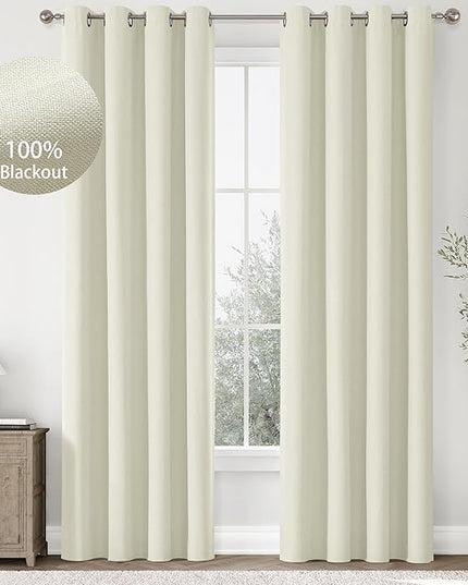 ChrisDowa 100% Blackout Iovry Solid Curtains 120 Inches Long 2 Panels for Bedroom Living Room,Farmhouse Room Darkening Thermal Insulated Soundproof Grommet Top Window Treatment Drapes,52x120