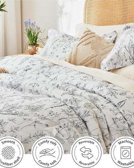 Love's cabin White Queen Size Comforter Set - Queen Comforter Set, 3 Pieces Cute Floral Bedding Sets for All Seasons,1 Soft Reversible Botanical Flowers Comforter and 2 Pillow Shams