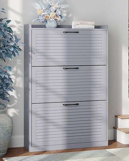Maupvit Shoe Storage Cabinet with 3 Flip Louvered Doors, Freestanding Organizer with Metal Hinges, Shoe Cabinet for Entryway, Narrow Shoe Rack Cabinet, Noble Blue Gray