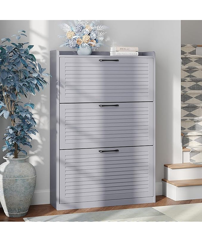 Maupvit Shoe Storage Cabinet with 3 Flip Louvered Doors, Freestanding Organizer with Metal Hinges, Shoe Cabinet for Entryway, Narrow Shoe Rack Cabinet, Noble Blue Gray