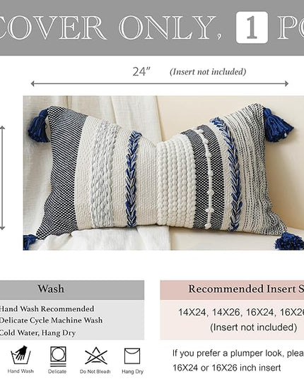 BlissBlush Decorative Lumbar Throw Pillow Cover 14x24 Boho Dark Blue Accent Cushion for Couch Sofa Farmhouse Pillowcase for Bedroom Living Room Home Décor Cover ONLY