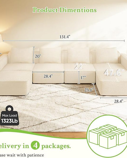 132" Sectional Couch, Locked-in Modular Sectional Sofa, Wood Frame Couches for Living Room, 22" Deep Seat U Shaped Couch with Ottoman Chenille Cloud Sofa Tool-Free Setup Sofas for Living Room